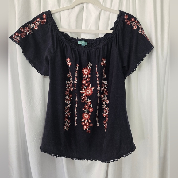 Floral Embroidered Navy Print Fall Boho Linen Blend Blouse - Picture 1 of 7